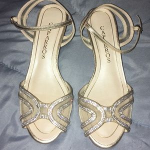 Gold jeweled open toed dress shoes